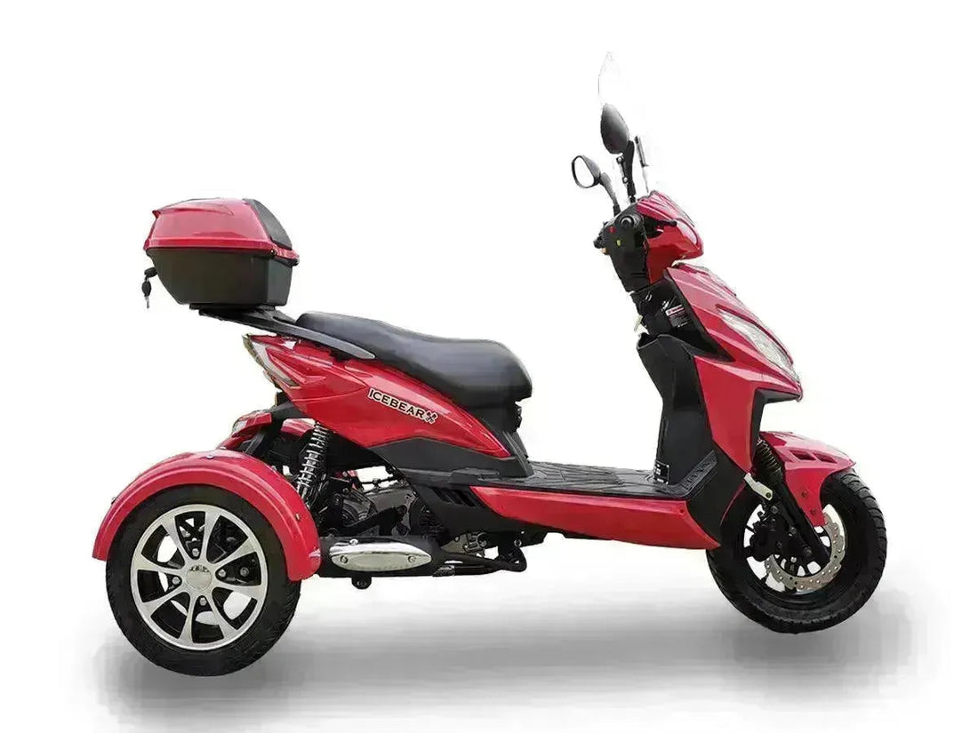 Red three-wheeled 50cc trike scooter with rear storage box on white background