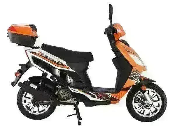 Orange 50cc scooter with sporty graphics, rear storage box, and street tires on white background