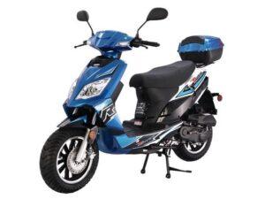 Blue gas-powered scooter with rear storage box and sporty graphics, side view