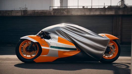 Sport motorcycle with orange and white body partially covered by a silver tarp outdoors