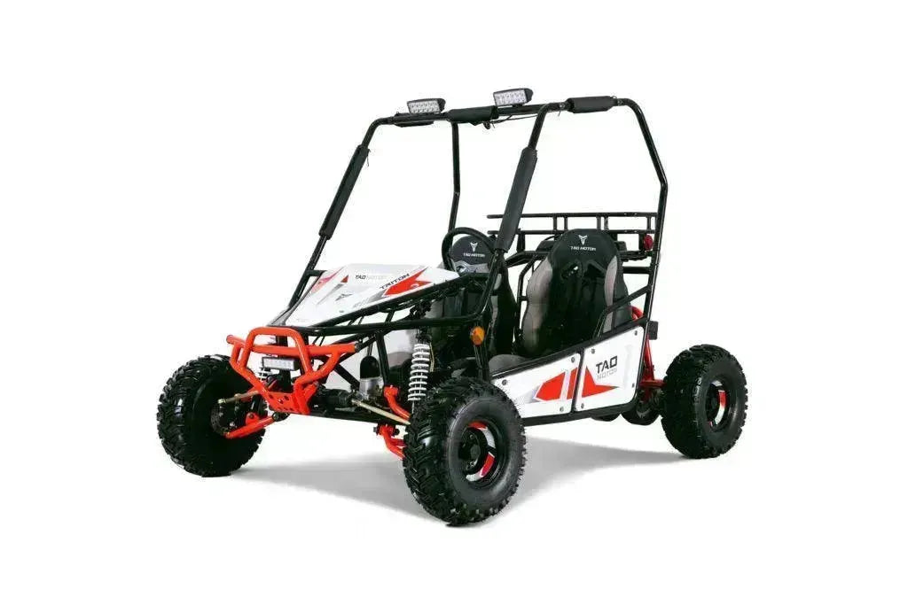 Red and white 125cc youth go-kart with roll cage and off-road tires on white background
