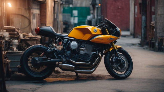 Yellow sport motorcycle parked in an urban alley with rustic buildings, powersports vehicle