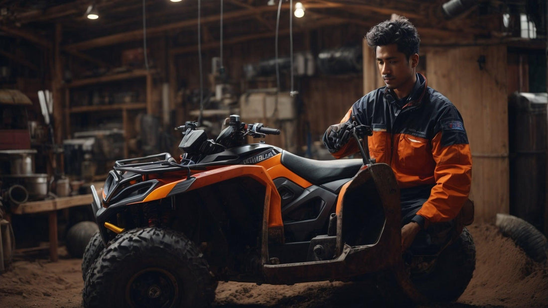 Man troubleshooting orange ATV in a rustic garage with dirt floor, ATV repair concept