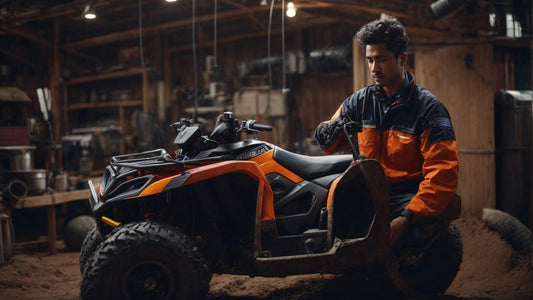 Man troubleshooting orange ATV in a rustic garage with dirt floor, ATV repair concept