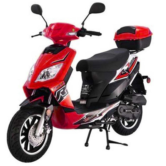 Red and black electric scooter with storage box, side kickstand, and sporty graphics
