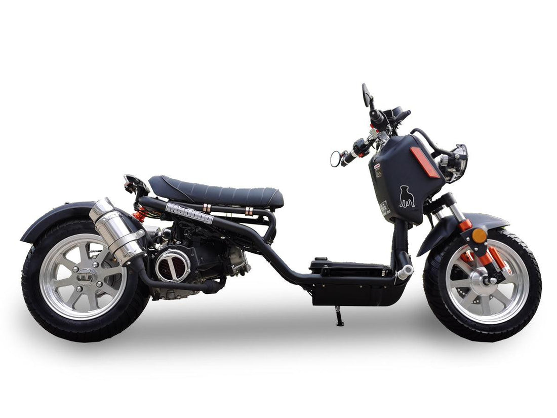 Matte black 150cc scooter with exposed engine, alloy wheels, and low-profile design on white background.