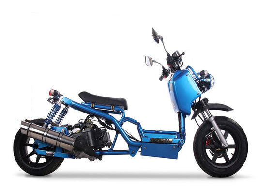Blue Gen 1 Maddog 50cc scooter with exposed frame, dual rear shocks, and black seat
