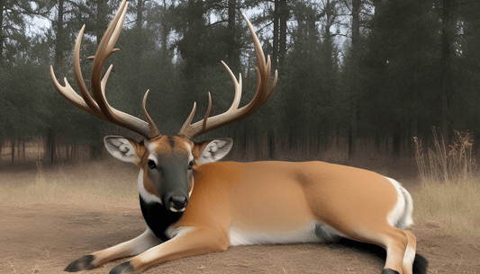 Large whitetail deer buck with antlers resting in a forest clearing