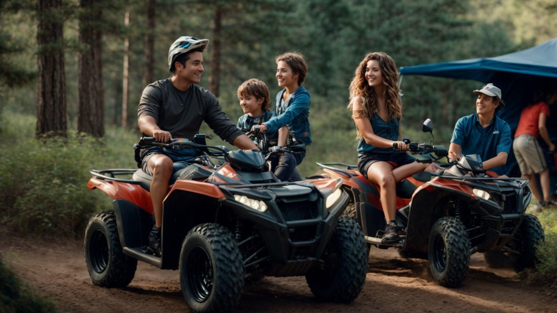 Family riding ATVs in a forest, enjoying outdoor adventure and off-road fun together