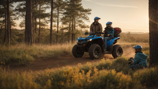 Family riding blue ATV in a scenic forest trail at sunset, wearing helmets and outdoor gear.