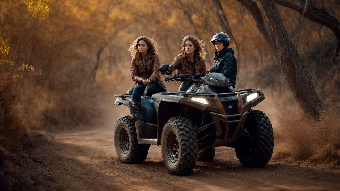 Three people riding an ATV on a dirt trail in a forest with autumn foliage.