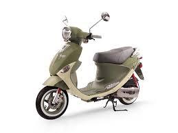 Olive green motor scooter with gray seat and kickstand on white background