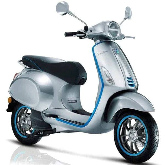 Silver Vespa scooter with blue trim, modern design, side view on white background