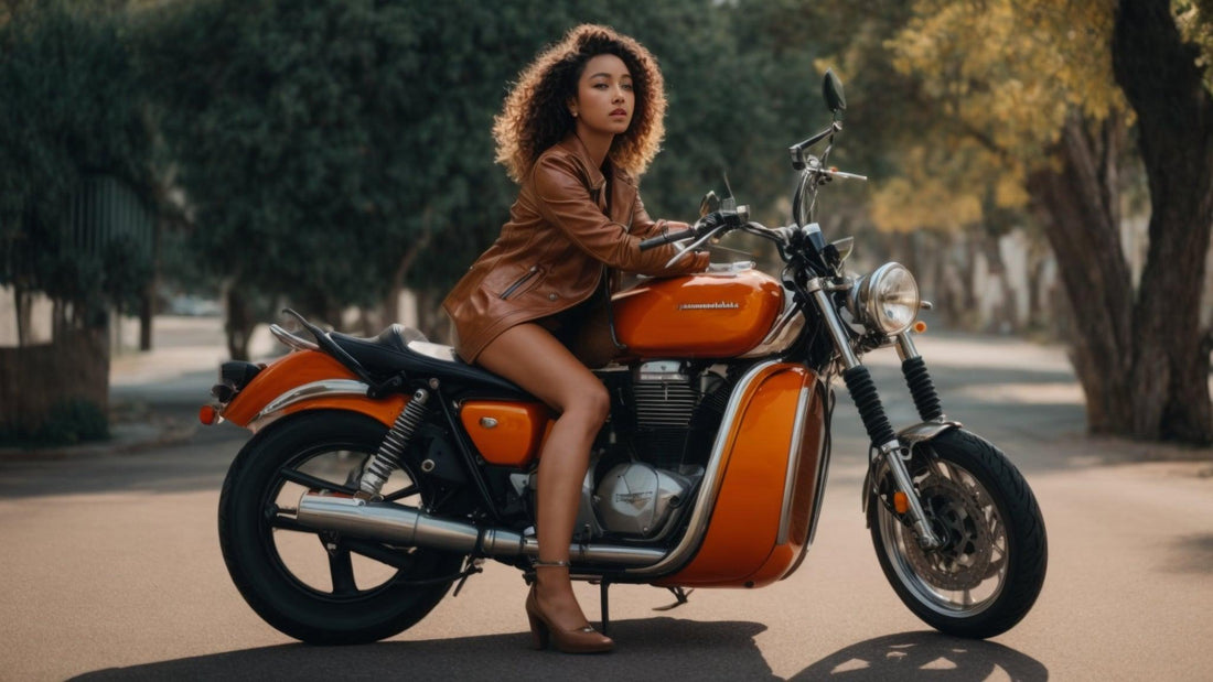 Woman in brown jacket sitting on orange motorcycle outdoors, Q9 PowerSports USA safety focus