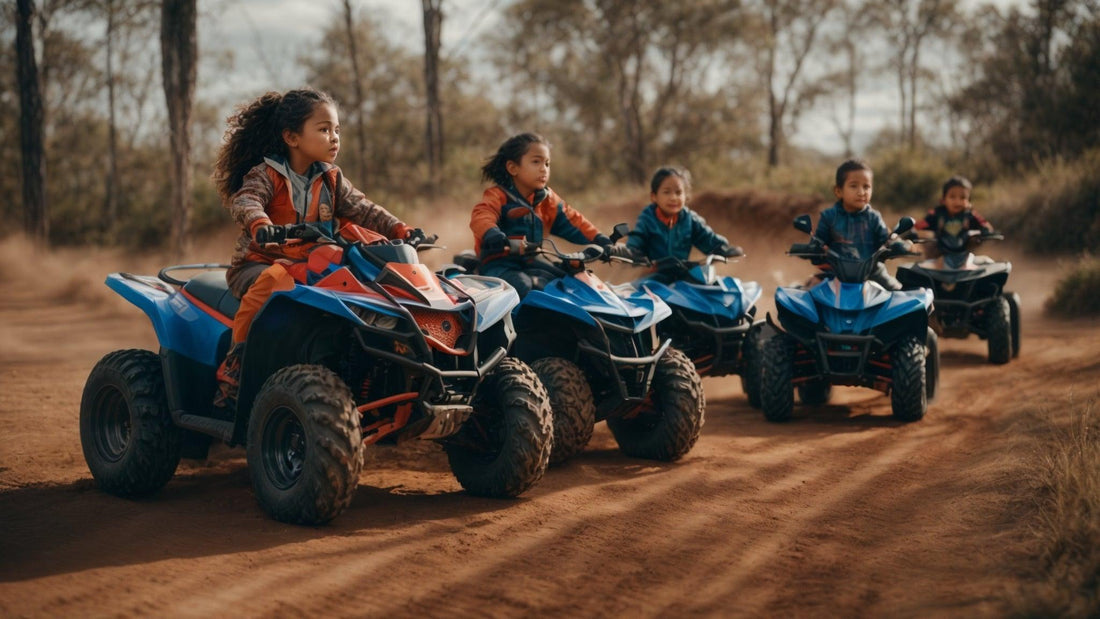 Kids riding blue ATVs on a dirt trail, beginner youth all-terrain vehicles outdoors
