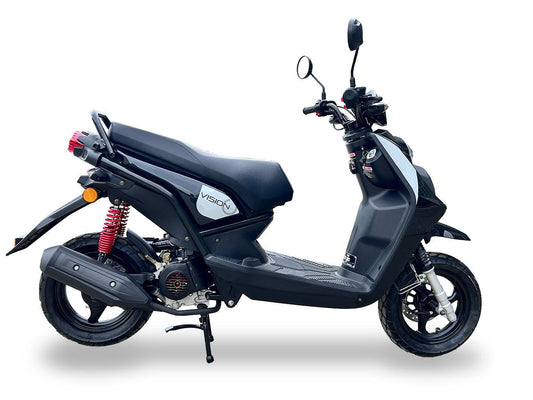 Black Vision 50cc scooter with red suspension, side view on white background