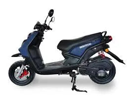 Blue Vision 150 scooter with black seat and red brake calipers on white background