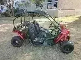 Red 2-seater 125cc go-kart with roll cage parked outdoors on grass