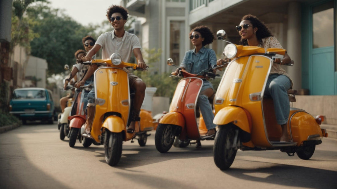 Group of young adults riding yellow and red motor scooters on a city street