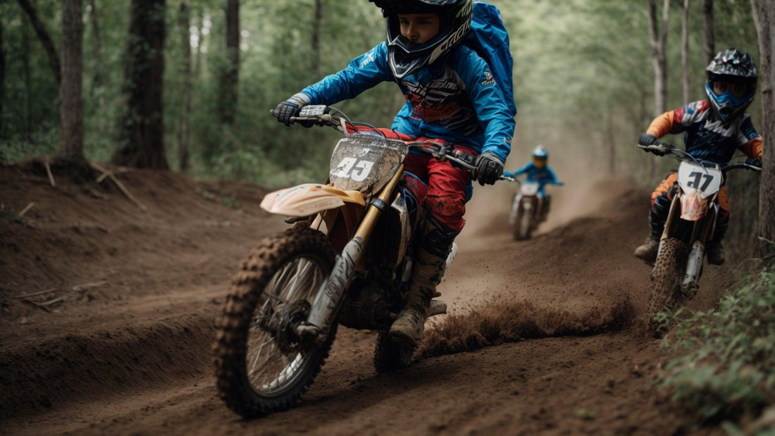 Kids riding dirt bikes on a forest trail, wearing helmets and protective gear