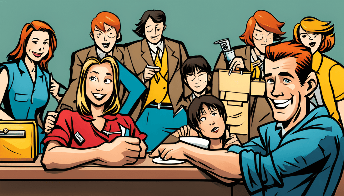 Cartoon group of happy customers at a counter sharing positive reviews and feedback.