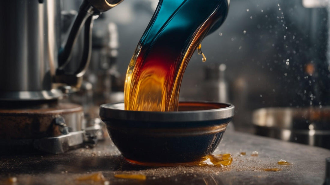Close-up of amber powersports engine oil being poured into a metal bowl in a workshop.
