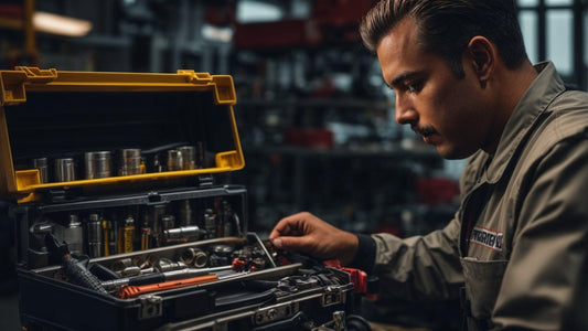 Service technician in workshop selecting tool from organized toolbox, surrounded by machinery.