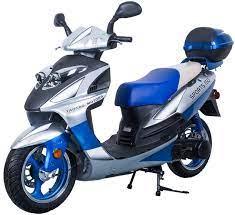Blue and silver 150cc scooter with storage box on kickstand, side view
