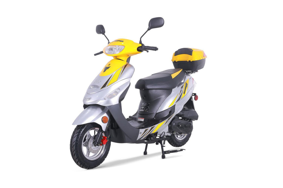 Yellow and silver 50cc road-legal scooter with rear storage box on white background.