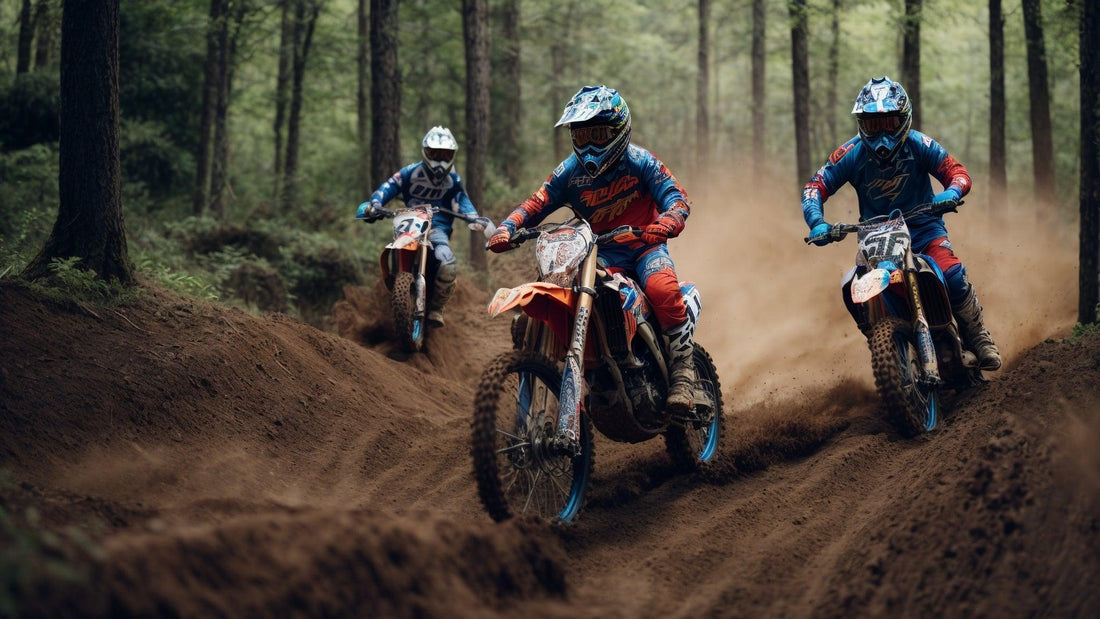 Three riders racing dirt bikes on a muddy forest trail, kicking up dust and dirt.
