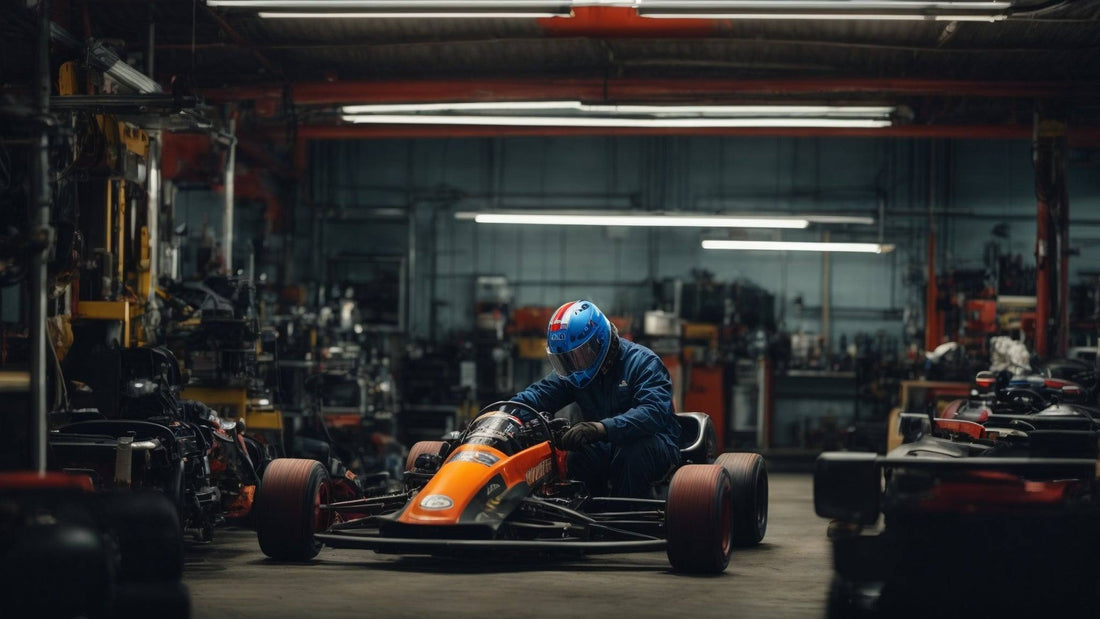Person in blue helmet sits in orange gas-powered go-kart in a garage workshop