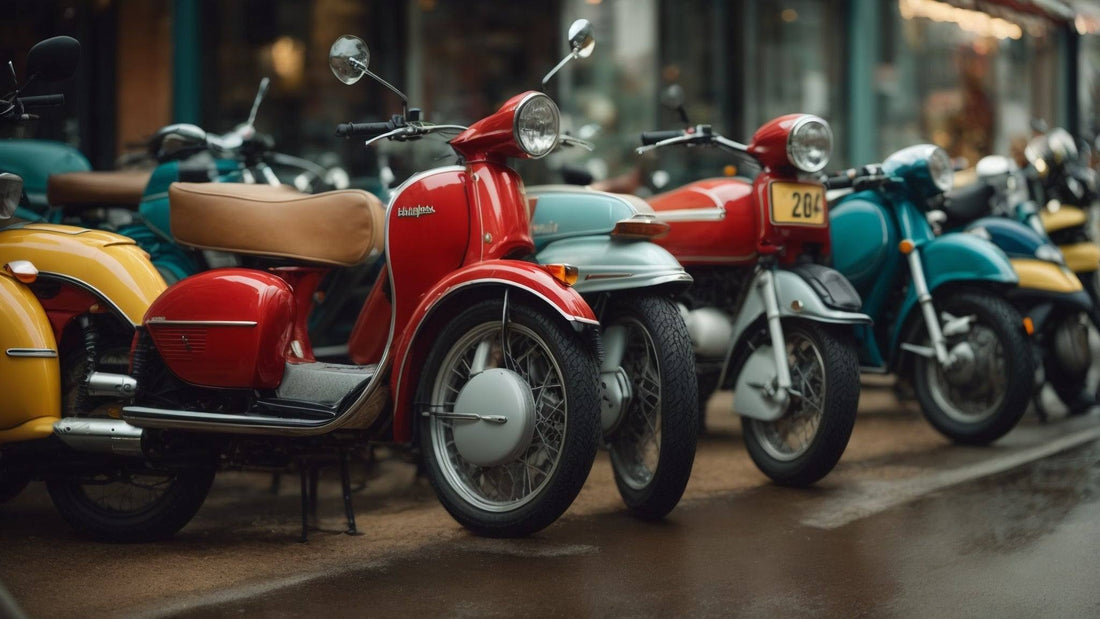 Row of colorful mopeds and scooters parked on a wet city street