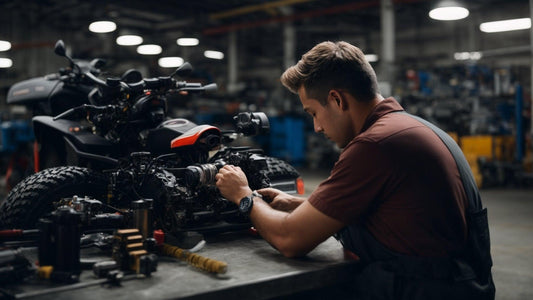 Mechanic using specialty tools to repair ATV in workshop setting