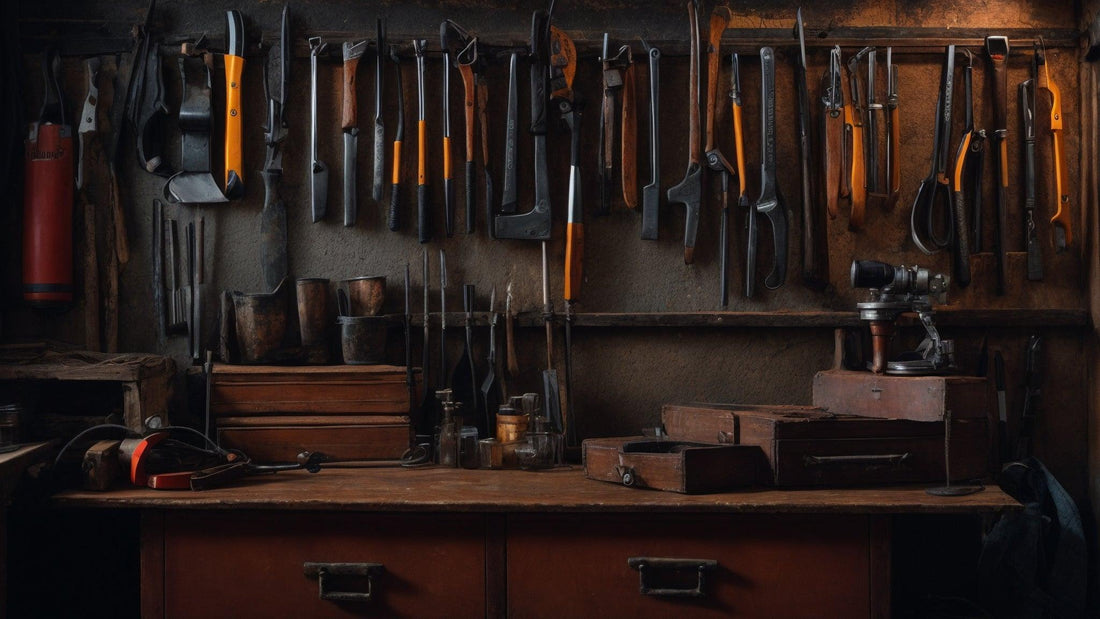 Wall-mounted garage tools and workbench in an organized powersports workshop setting