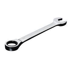 Silver combination wrench with open and ratcheting ends, isolated on white background