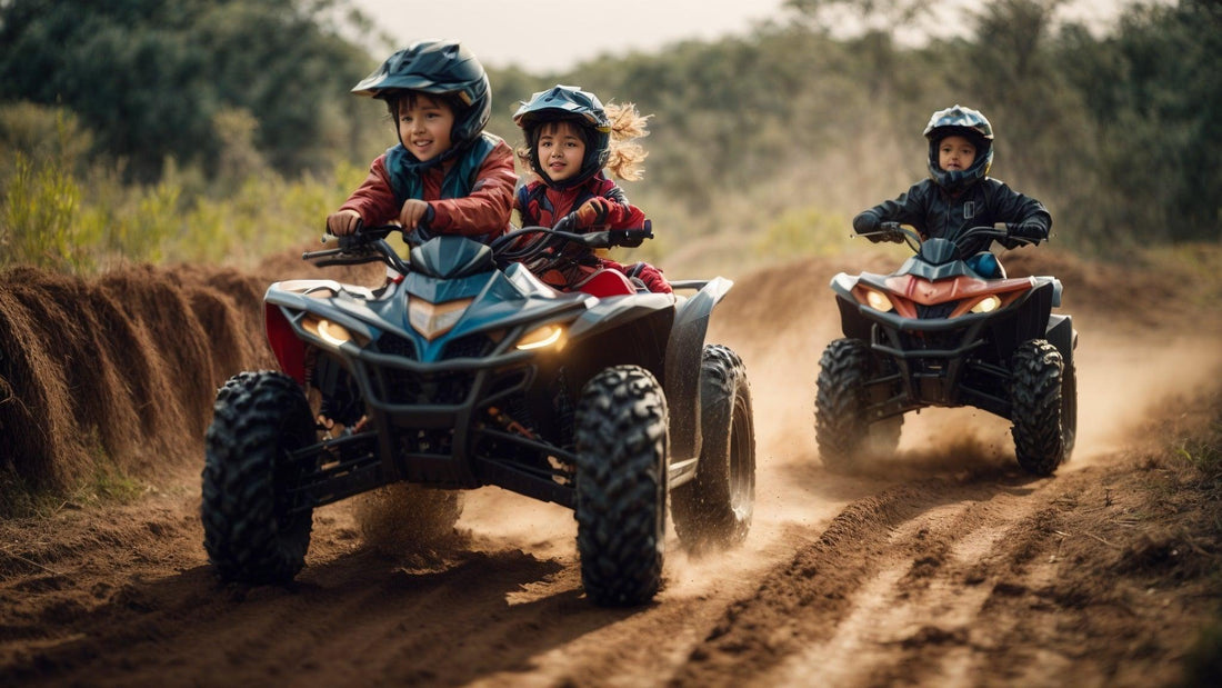 Kids riding youth ATVs on dirt trail outdoors, wearing helmets and safety gear