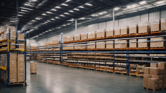 Spacious warehouse with shelves stacked with shipping boxes and pallets, concrete floor