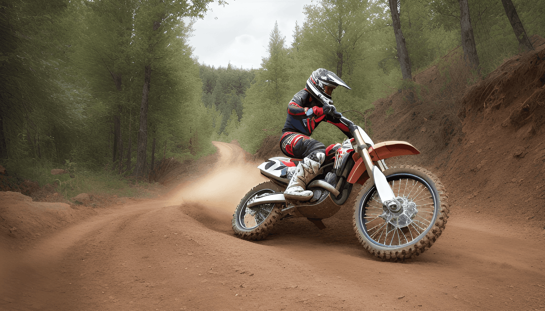 Dirt bike rider in full gear riding on a forest trail, kicking up dust on a dirt road