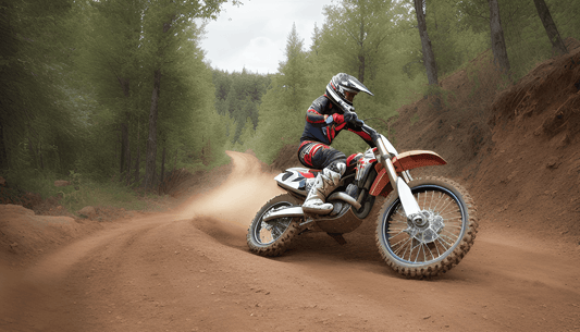 Dirt bike rider in full gear riding on a forest trail, kicking up dust on a dirt road
