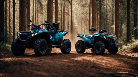 Two blue all-terrain vehicles parked on a dirt trail in a dense forest with tall trees