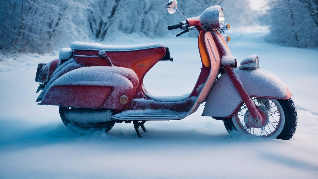 Red scooter covered in snow parked outdoors on a snowy winter road.