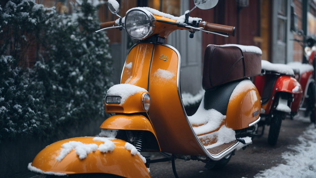 Orange scooter parked outside in winter with snow covering seat and tires