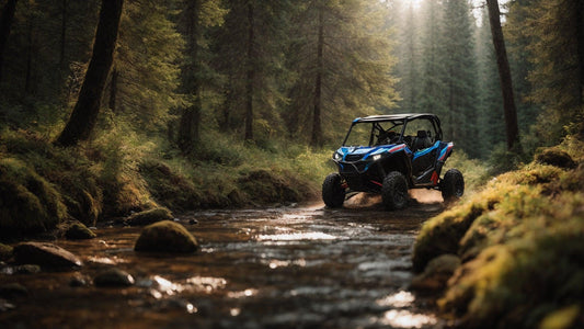 UTV off-road vehicle driving through a forest stream with sunlight filtering through trees