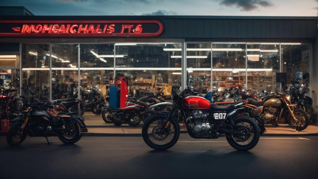 Motorcycles on display outside a modern Q9 PowerSports USA dealership at dusk