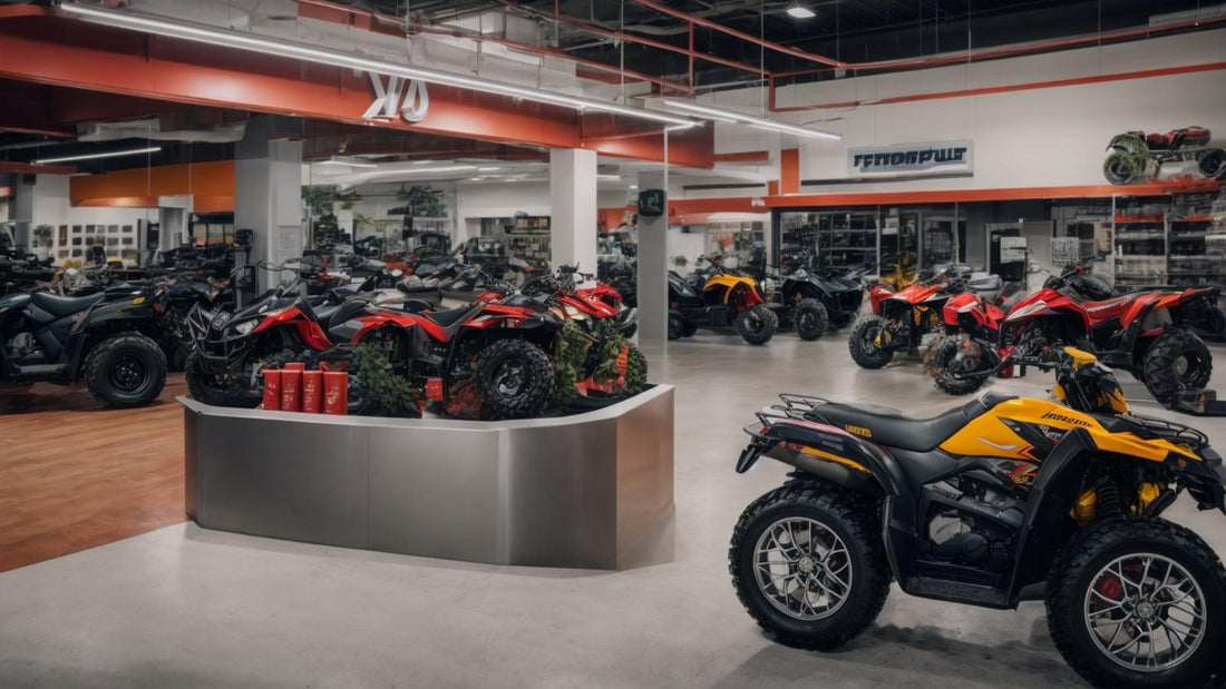 Showroom with multiple ATVs in various colors, including red, yellow, and black, on display.