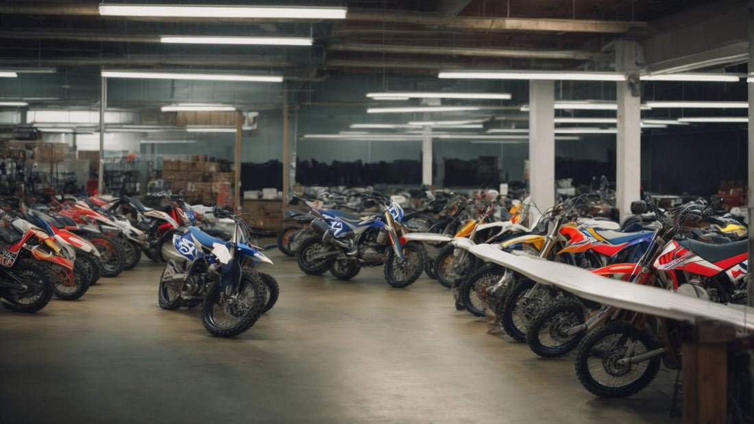 Indoor showroom with rows of dirt bikes in various colors, motorcycle dealership setting