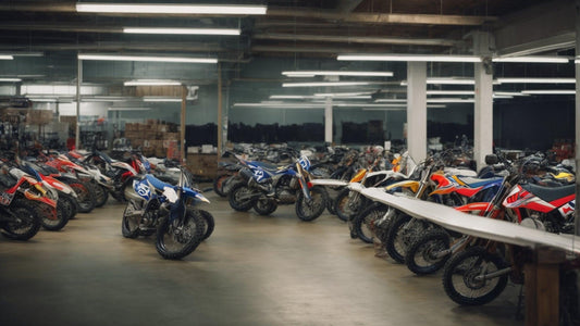 Indoor showroom with rows of dirt bikes in various colors, motorcycle dealership setting