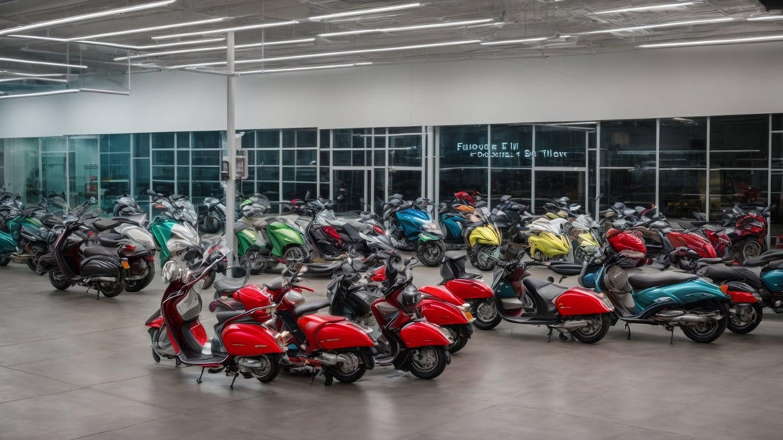 Showroom with colorful scooters lined up for sale, electric lights, modern dealership
