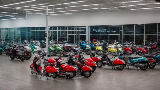 Showroom with colorful scooters lined up for sale, electric lights, modern dealership