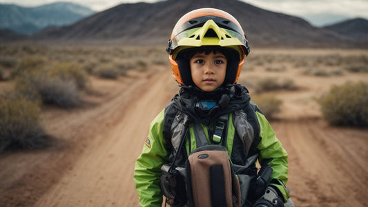 Child wearing safety gear and helmet on dirt road in desert, ready for ATV riding adventure